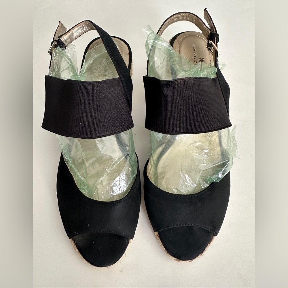 Bandolino Shoes Espadrilles Wedge Black Comfort Ankle Strap Peep Toe Size 8.5